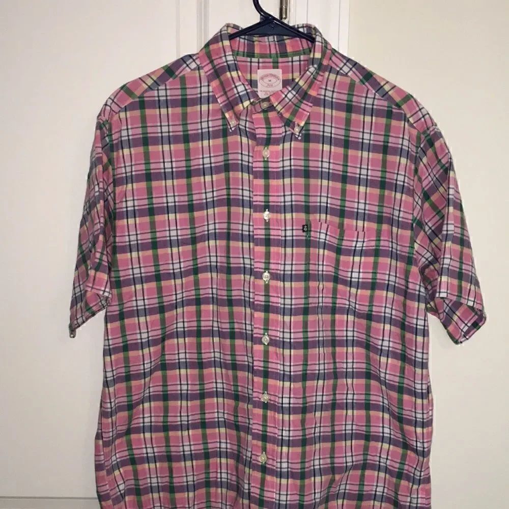 Brooks Brothers Pink Green India made Madras SS Golden Fleece Plaid Shirt M